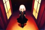 loli, child, 1girl, white hair, red eyes, black dress, 1girl, solo, {{{by Krenz Cushart}}}, {{{by Ed Mell}}}, {{dithering}},  indoors, from above s-4214366659.png