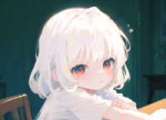 loli,  child, 1girl, white hair, red eyes,  white t-shirt, very sad face, table s-1201538287.png